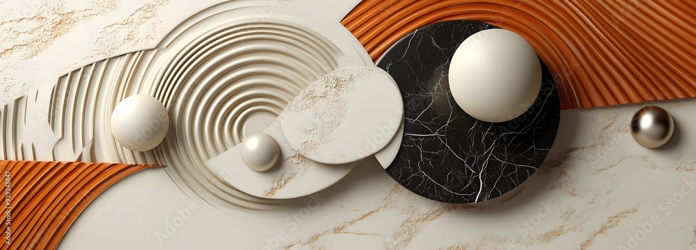 Poster 36. abstract 3d composition with layered geometric patterns and a polished circle ceramic backdrop