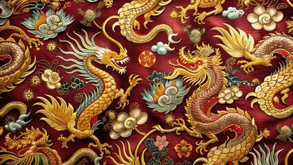Fototapeta premium Vibrant silk fabric featuring intricate traditional Chinese dragon and phoenix motifs in shades of red, gold, and cream on a rich burgundy background.