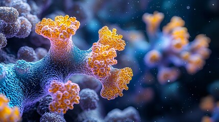 Fototapeta premium A close-up of an RSV virus particle attaching to a lung cell, showcasing the viral invasion process under a microscope.