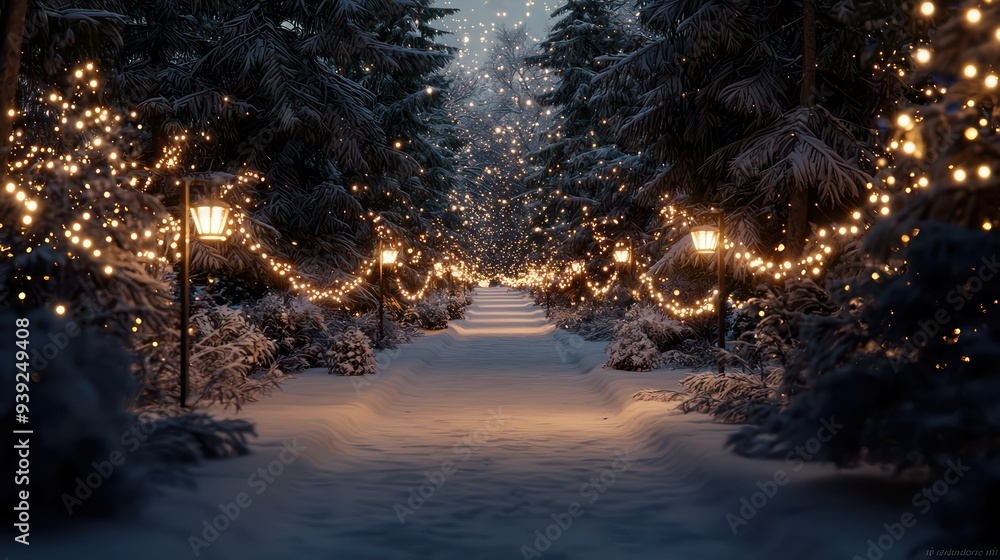 Poster a snowy path with lights on the trees