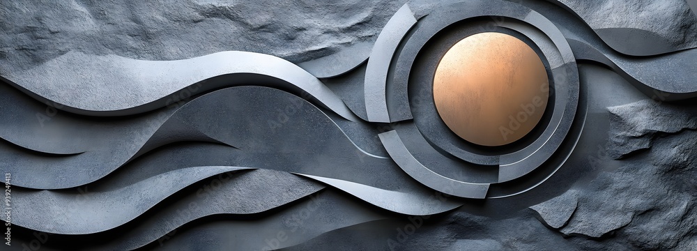 Poster 36. abstract 3d composition with layered geometric patterns and a polished circle ceramic backdrop