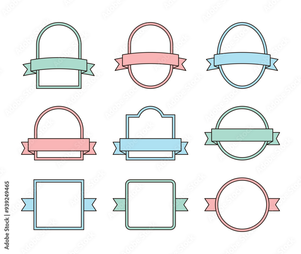 Poster a set of illustrations combining arched, circular, oval and square shaped border frames and ribbons.