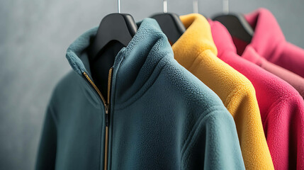 Close up of several colorful fleece jackets hanging on hangers.