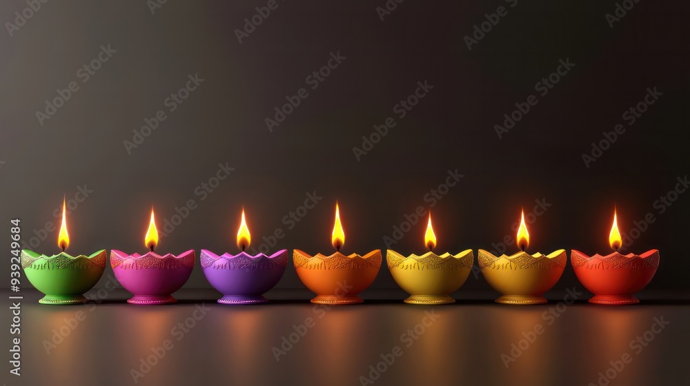 Aufkleber A row of colorful candles are lit up in a row. The candles are of different colors and are arranged in a straight line. The candles are lit up and are glowing brightly, creating a warm