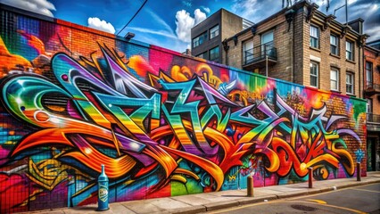 Naklejka premium Vibrant street art mural featuring intricate calligraphy and stylized graffiti letters, blending abstract shapes and bold colors, set against a gritty urban backdrop.