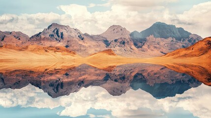 Stunning mountain landscape reflecting in a serene lake with vibrant colors, showcasing the beauty of nature.