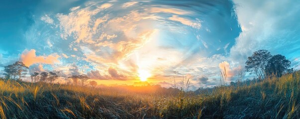 Breathtaking sunset over a grassy field, with vibrant colors blending in the sky, capturing the essence of tranquility and nature.