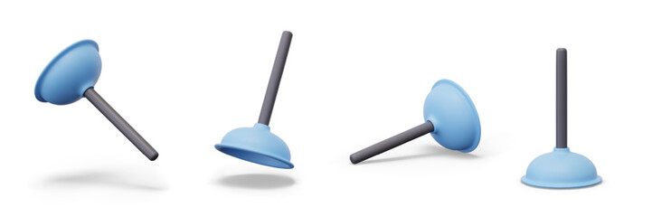 Realistic blue piston in different positions. Popular device for cleaning clogged sewer pipes