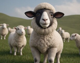 Fototapeta premium High resolution cute smiling sheep with wool 3d character image, Sheep 3d illustration image. 