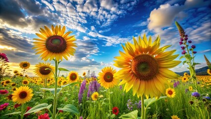 Obraz premium Vibrant sunflowers stretch towards a bright blue sky, surrounded by lush green grass and blooming wildflowers, evoking feelings of pure joy and radiant happiness.