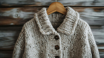 A close-up of a chunky knit cream cardigan with wooden buttons, hanging on a wooden hanger against a rustic wood background.