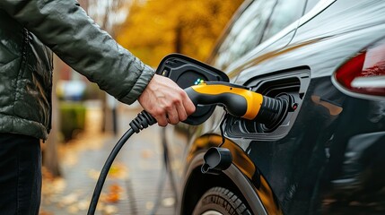 man is hand holding an electric car charger connected to an electric car at a public charging station. 