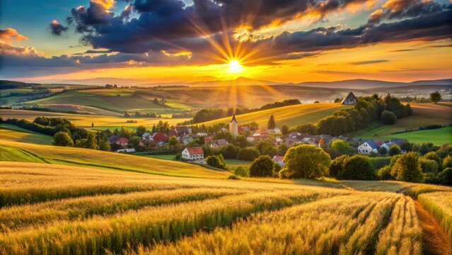 Vibrant sunset casts a warm glow on rolling hills, golden wheat fields, and traditional rural villages in Podolia, a picturesque region of western Ukraine.
