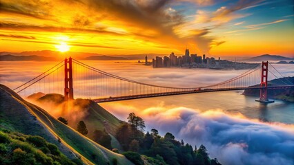 Vibrant sunset casts a warm glow over the iconic Golden Gate Bridge, set against a backdrop of San Francisco's bustling cityscape and foggy hills.