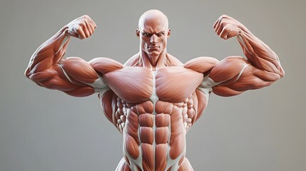 Muscular System in a Flexed Pose: A strong, flexed pose showcasing the muscular system, with detailed rendering of the biceps, triceps, and chest muscles.

