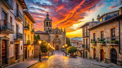 Vibrant sunset illuminates the historic Romanesque cathedral and charming cobblestone streets of Durango, a picturesque medieval town in northern Spain's Basque region.