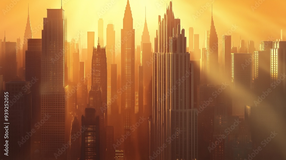 Aufkleber a city skyline dominated by towering skyscrapers with sharp, angular lines and sleek, vertical empha