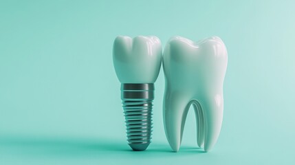 A dental implant beside a natural tooth on a soft mint green background. This clean and modern image symbolizes dental care and restoration. Ideal for healthcare and dental businesses. AI