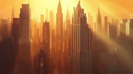 Obraz premium A city skyline dominated by towering skyscrapers with sharp, angular lines and sleek, vertical emphasis