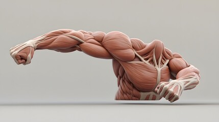 Muscular System in a Flexed Pose: A strong, flexed pose showcasing the muscular system, with detailed rendering of the biceps, triceps, and chest muscles.
