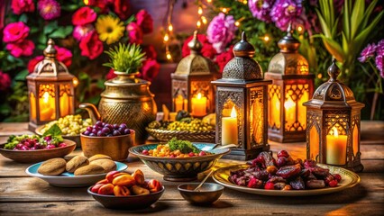 Vibrant table setting with dates, fruit, and traditional Middle Eastern dishes, adorned with lanterns and flowers, ready for a warm evening iftar gathering.