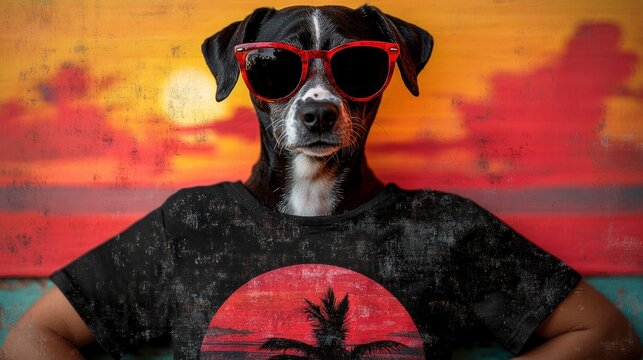 A fashionable dog sports sunglasses and a tropical shirt, exuding cool vibes