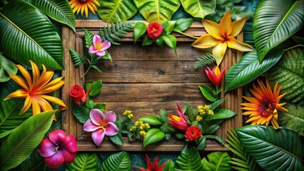 Vibrant tropical flowers adorn a distressed wooden frame, surrounded by lush greenery and delicate tendrils, evoking a sense of exotic paradise and serene tranquility.