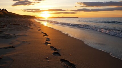 Footprints in the Sand at Sunset on a Sandy Beach