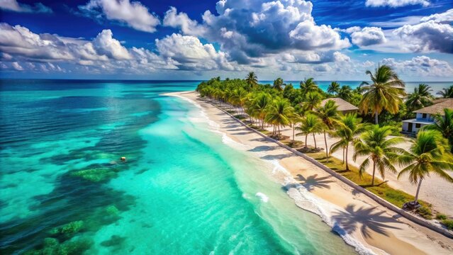 Vibrant turquoise waters lap against powdery white sand beach lined with palm trees and luxury resorts in this sun-kissed Mexican Caribbean coastal paradise.