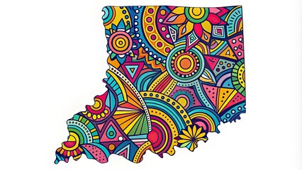 Vibrant vector illustration of Indiana state outline with bold colors, stylized shapes, and abstract patterns, ideal for travel, education, and government-related designs.