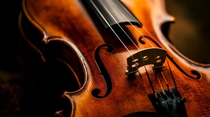 Fototapeta premium A close-up view of a beautiful violin showcases its rich wood grain and intricate details. The image captures the elegance and craftsmanship of this musical instrument. Perfect for music lovers. AI