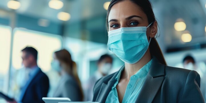 Business professionals in face masks discussing office compliance and safety measures while reviewing documents and using a tablet - Powered by Adobe