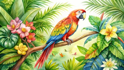 Fototapeta premium Vibrant watercolor illustration of a colorful parrot perched on a branch, surrounded by lush green leaves and exotic flowers, evoking a whimsical tropical atmosphere.
