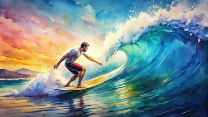 Vibrant watercolor illustration of a surfer riding a wave, with soft brushstrokes and blended colors evoking a sense of freedom and oceanic serenity.