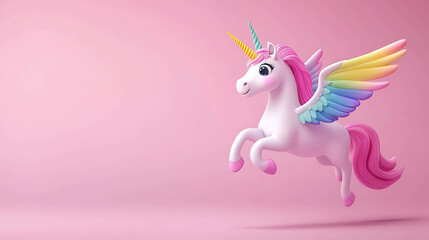 A cute cartoon unicorn with rainbow wings and a pink mane flies in the air against a pink background.