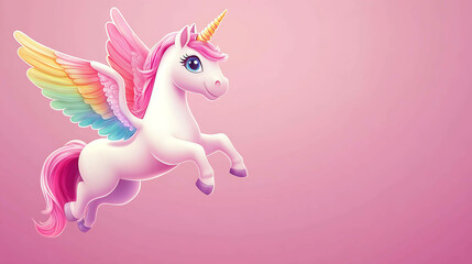 Naklejka premium A cute cartoon unicorn with rainbow wings and a pink mane flies against a pink background.