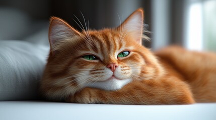 A ginger cat lounges comfortably, basking in the soothing morning light