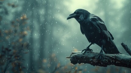 Fototapeta premium A solitary raven perched on a branch in a misty forest.