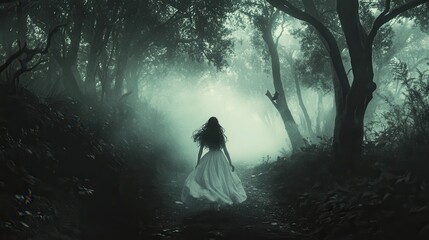 A woman in a white dress runs through a foggy, dark forest under the dim light.