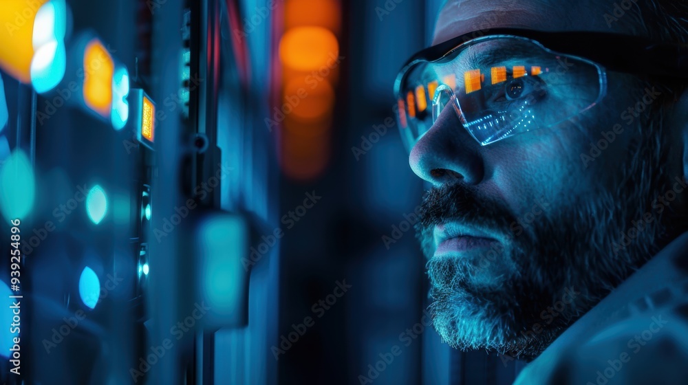 Poster individual managing technology and cybersecurity in a data center at night, showcasing expertise in 