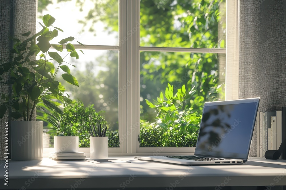 Poster Laptop by the Window with Green View