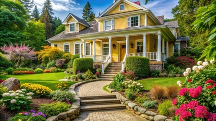 Vibrant yellow house with white trim and stately pillars stands amidst lush greenery, surrounded by blooming flowers and a meandering stone pathway.
