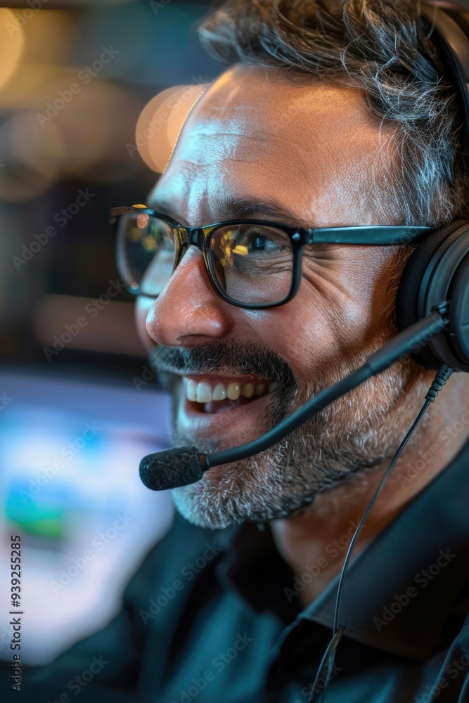 Poster support agent assisting a client during late hours in an office setting, engaged in a positive onlin