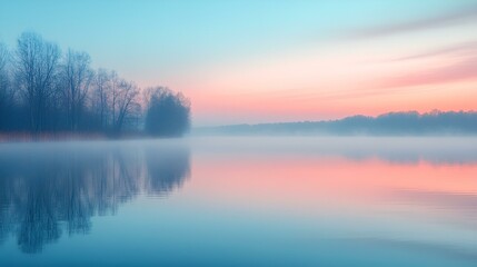 Fototapeta premium Beautiful sunrise over calm lake, sun reflecting on water, morning clouds painting sky blue, trees casting long shadows, nature's peaceful dawn
