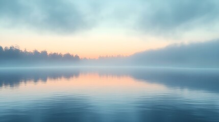 Fototapeta premium Beautiful sunrise over the calm river, reflecting the golden light of the rising sun against the blue sky and the lush green forest