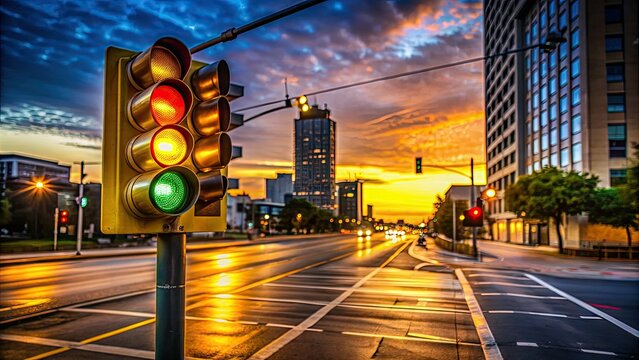 Vibrant yellow stoplight suspended above a busy urban street intersection, casting a warm glow on the asphalt and surrounding concrete infrastructure at dusk.