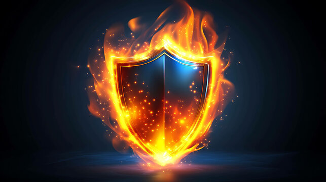 A metallic shield is engulfed in flames against a dark background.