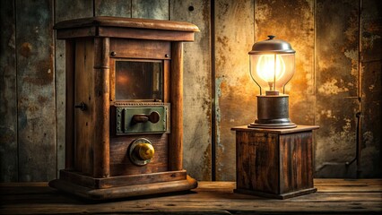Vintage coin-operated machine with rusty metal exterior, illuminated by a lone light bulb, sitting atop a worn wooden counter in a dimly lit setting.