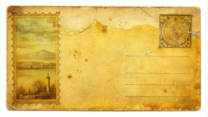 Vintage distressed postcard with worn square edges and yellowed corners, featuring a faded scenic image and ornate typography on a textured surface.