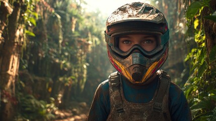 A young rider stands in a lush jungle, helmet on and ready for exploration ahead